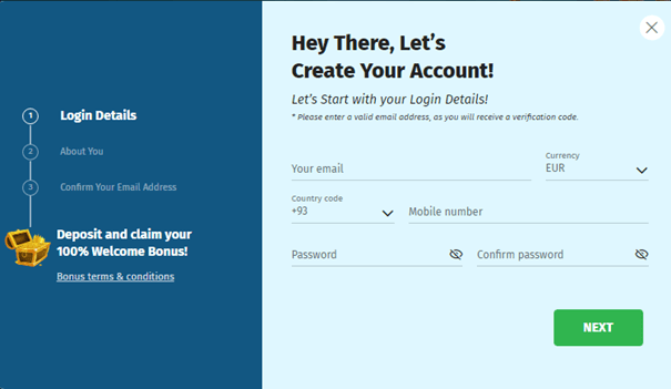Screenshot of sign up area