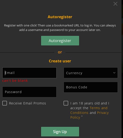 Registration popup